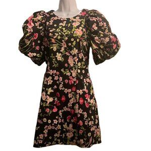 H&M Black Floral‎ Puff Sleeve Cutout Back Bow Mini Dress EUR S